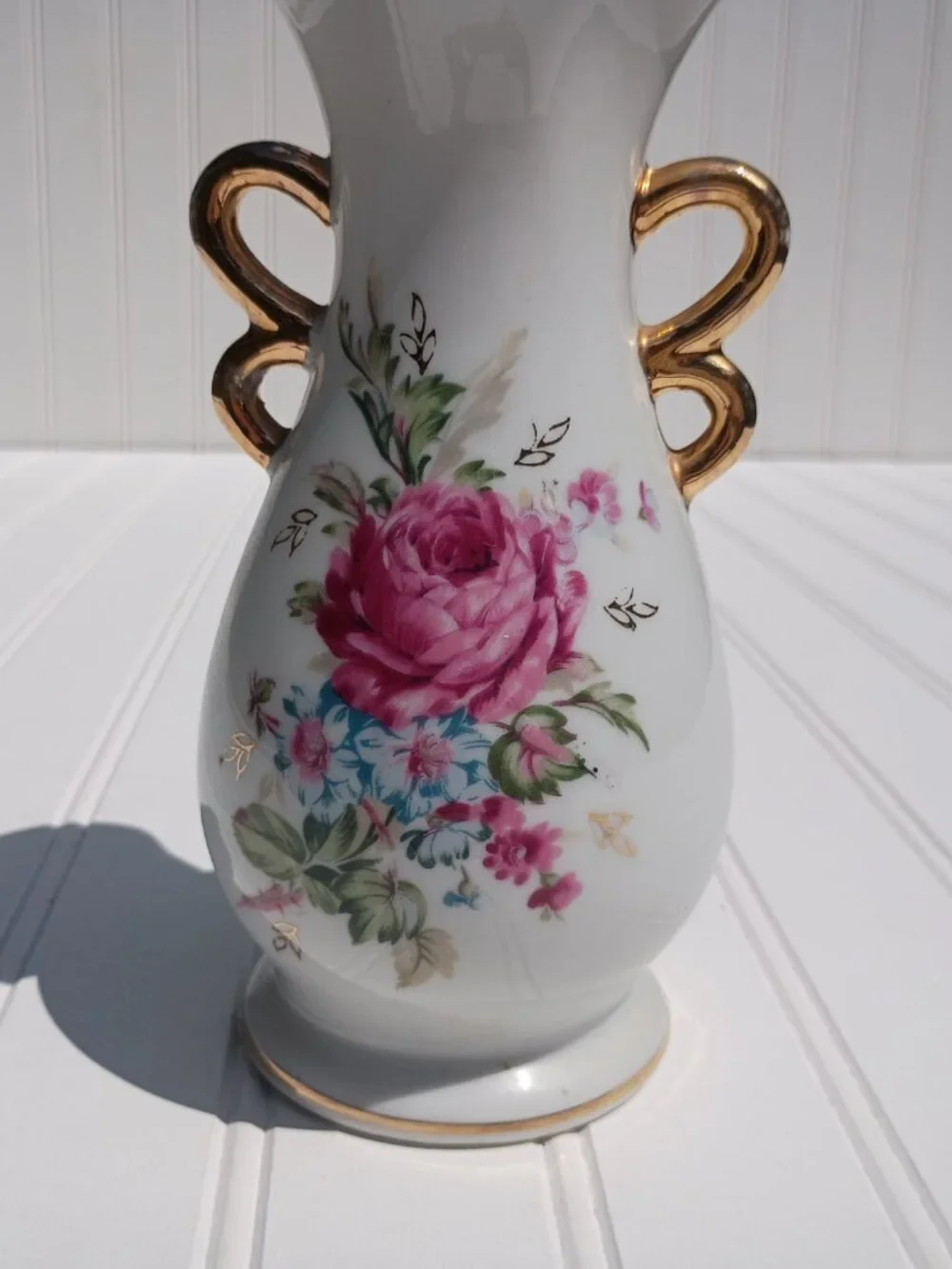 Vintage Japanese Porcelain Vase Pink Rose Floral Gold Trim Scroll Handles 7.25